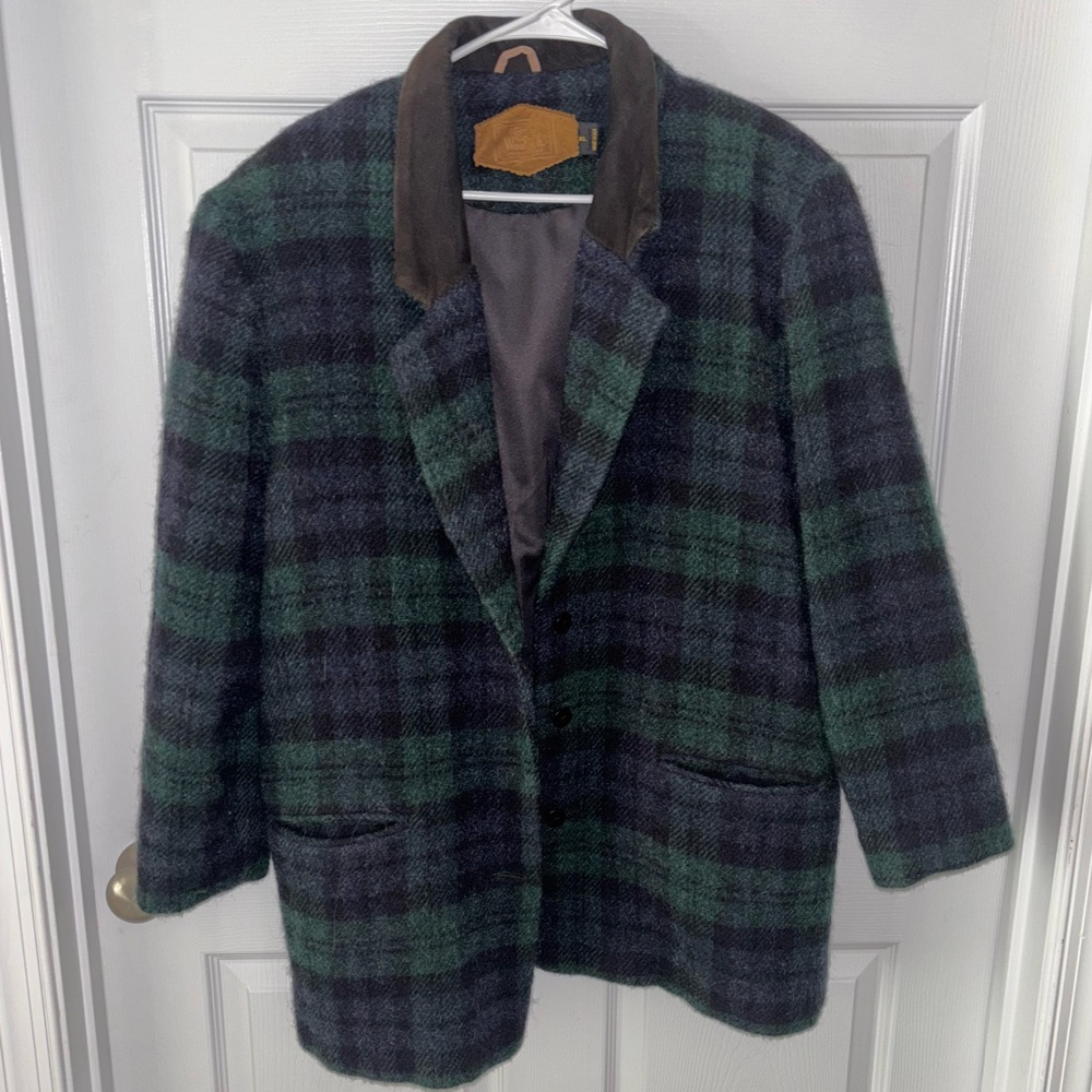 Vtg Woolrich Plaid Mohair Wool Blend Green Navy Blazer Jacket Women’s XL